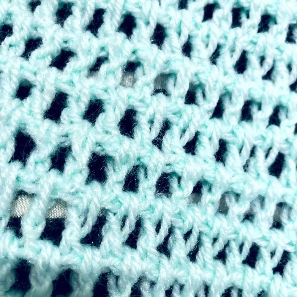 Infinity Scarf Light Teal Blue Windowpane Crochet Design 40 x 7.5 inches